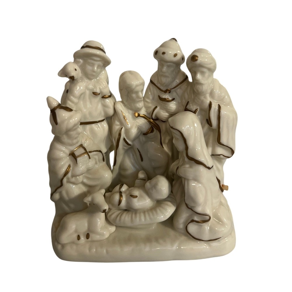 Classic Nativity Scene Figurine Set‎ Porcelain Gold Trim Christmas Decor